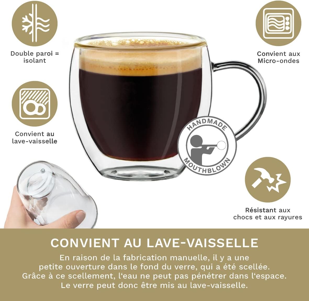 2 Verres à expresso à double paroi avec poignée, 100 ml