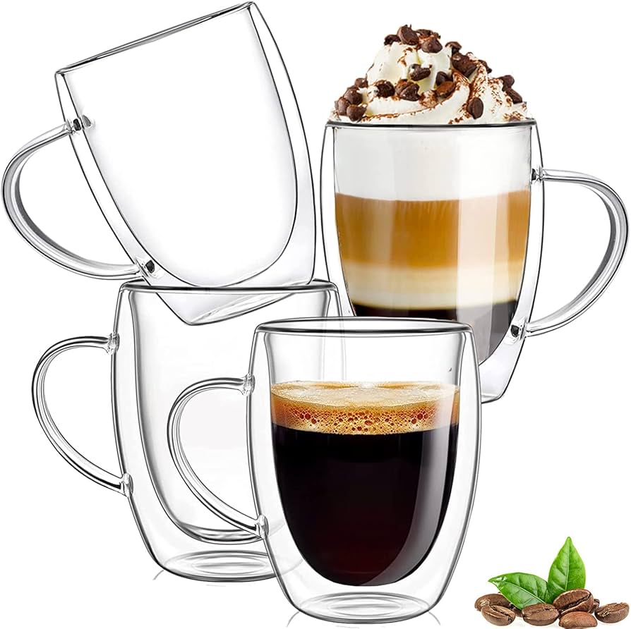 1 tasse à café + 1 cuillère Tasse à Café Double Paroi 350ML avec Poignée, pour Macchiato, Verre à Thé, Cappuccino,