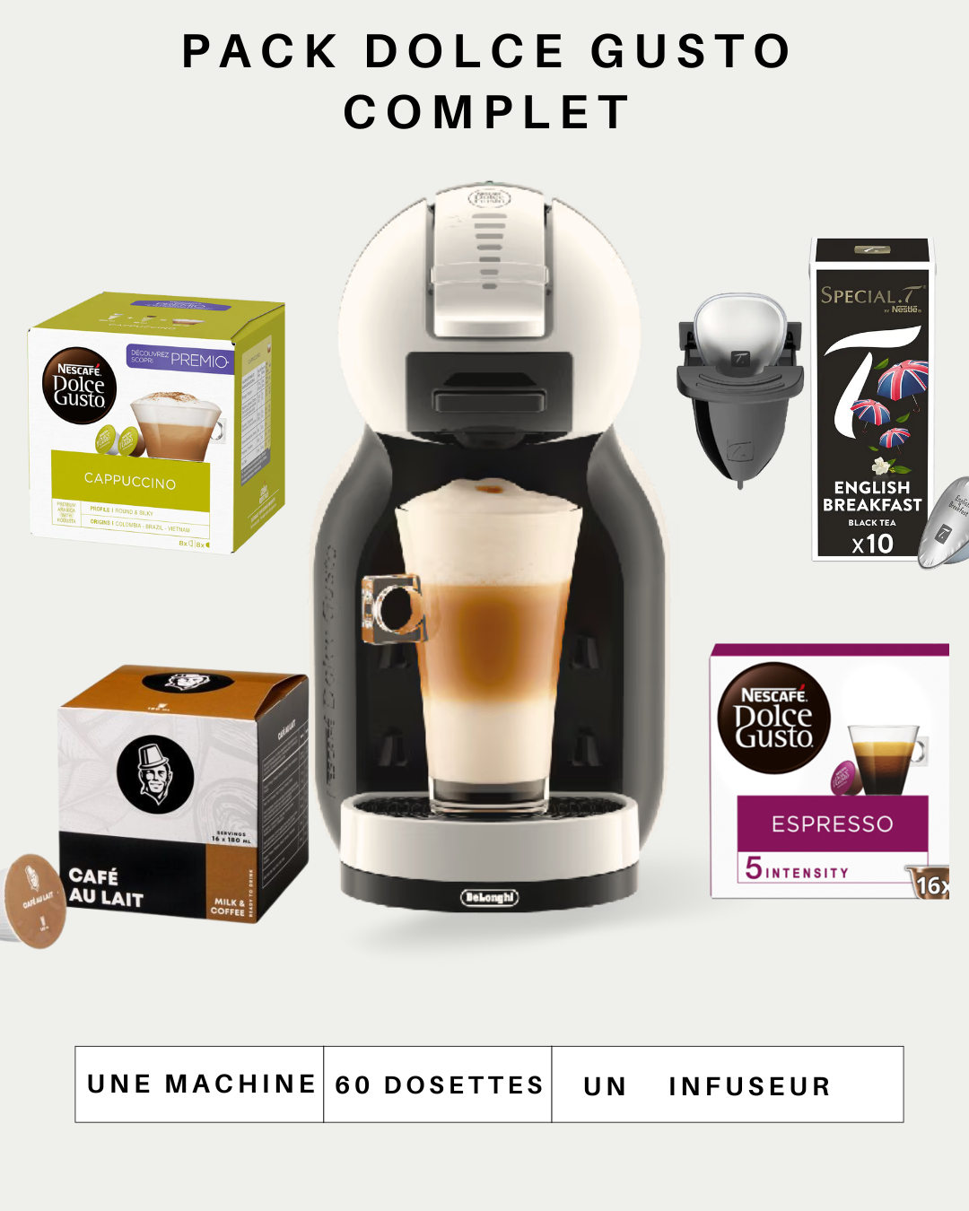 Pack  Dolce gusto Complet : Machine +60 Dosettes +Infuseur Spécial T